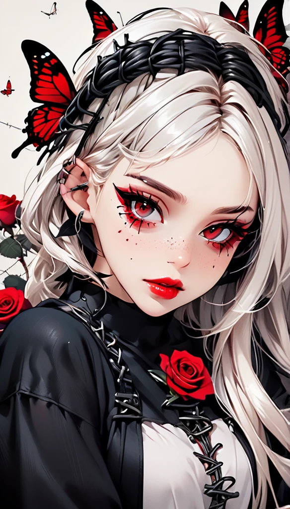 Beautiful young white-haired girl with piercing red eyes, half smile with full lips, black nails, barbed wires everywhere(coiled black barbed wires) Dark red Rose, Rose's,,lots of Butterfly,.