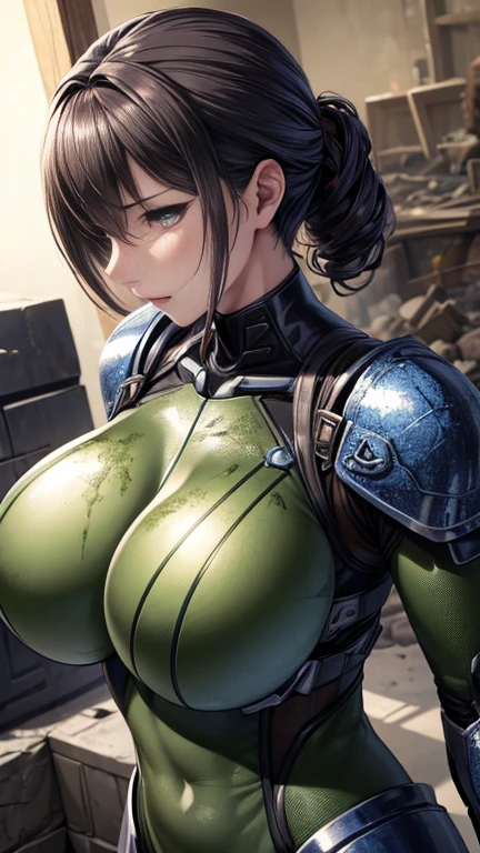 ８ｋ,Realistic skin texture、Superrealism、Realistic photos、Futuristic Japanese female soldier standing amongst rubble、Damaged moss green metal armor、Skull mark on armor、Unit Paint and Identification Number、Peeling paint、oil stains、fighting spirit、Detailed Description、Dynamic pose
，Huge breasts，The only person，blue eyes