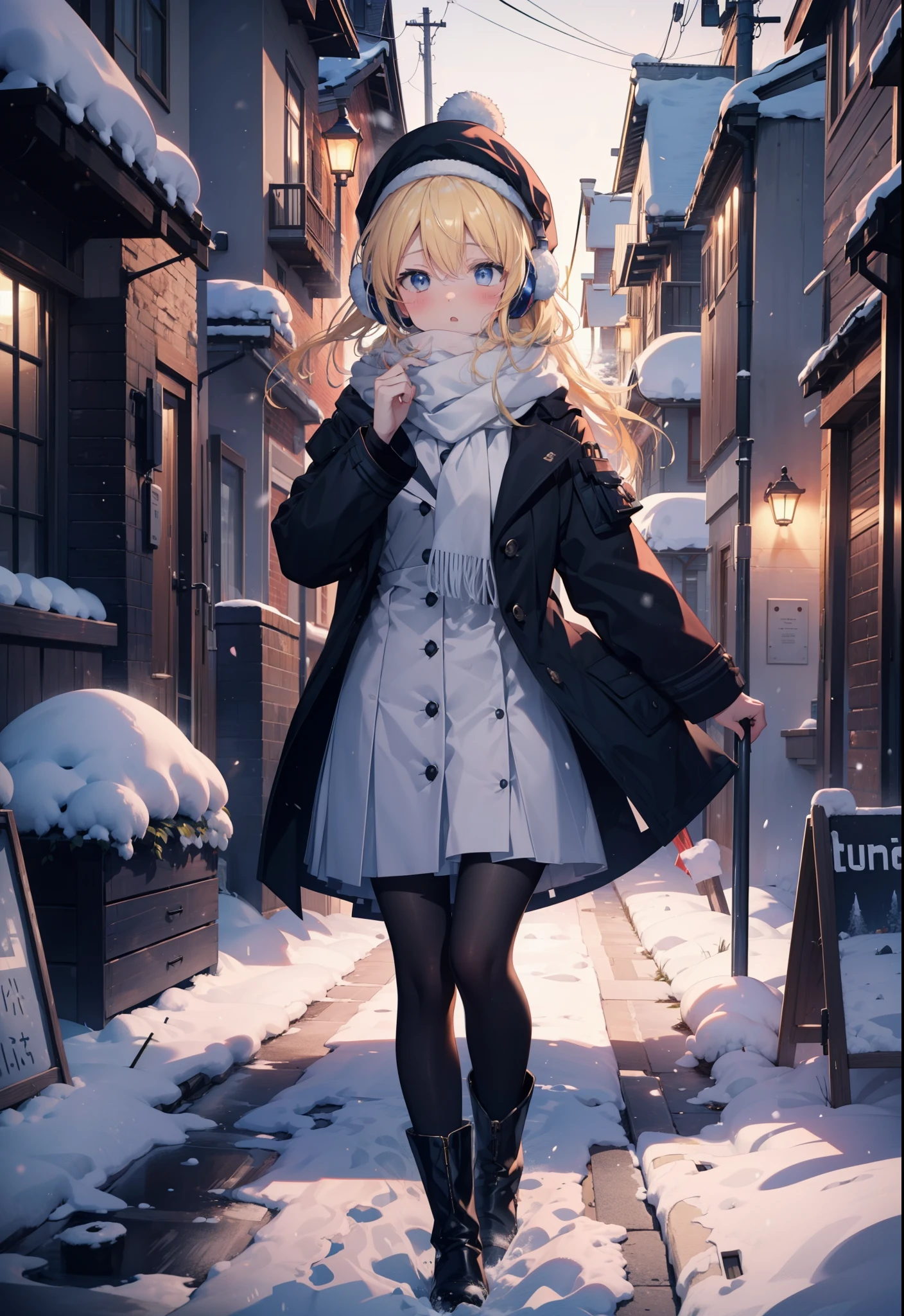 Eliase, catalyst, Yellow Hair, blue eyes, Long Hair,Knitted hat,Earmuffs,blush,Open your mouth,White Breath,White scarf,Light blue long coat,White long skirt,Black pantyhose,short boots,Walking,snowが降っている,snowが積もっている,snow,snow,snow,night,whole bodyがイラストに入るように,
break looking at viewer,whole body,
break outdoors,Residential Street,
break (masterpiece:1.2), Highest quality, High resolution, unity 8k wallpaper, (figure:0.8), (Beautiful attention to detail:1.6), Highly detailed face, Perfect lighting, Highly detailed CG, (Perfect hands, Perfect Anatomy),