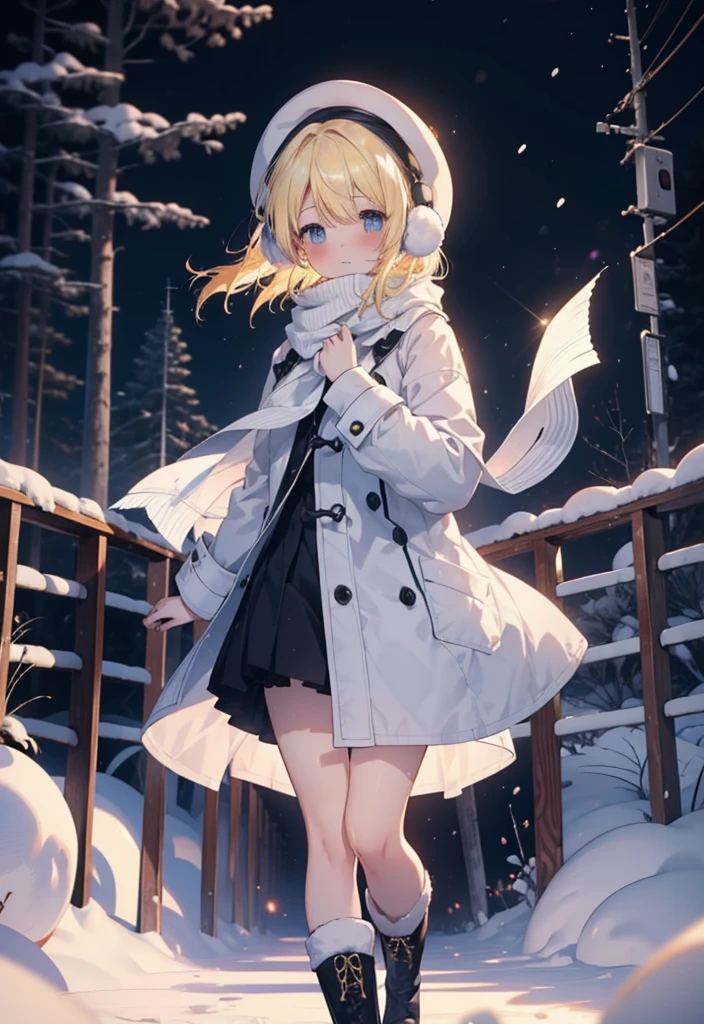 Eliase, catalyst, Yellow Hair, blue eyes, Long Hair,Knitted hat,Earmuffs,blush,Open your mouth,White Breath,White scarf,Light blue long coat,White long skirt,Black pantyhose,short boots,Walking,snowが降っている,snowが積もっている,snow,snow,snow,night,whole bodyがイラストに入るように,
break looking at viewer,whole body,
break outdoors,Residential Street,
break (masterpiece:1.2), Highest quality, High resolution, unity 8k wallpaper, (figure:0.8), (Beautiful attention to detail:1.6), Highly detailed face, Perfect lighting, Highly detailed CG, (Perfect hands, Perfect Anatomy),