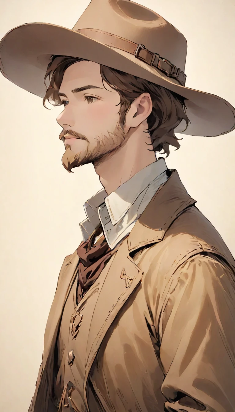 faded photo:1.5、Sepia:1.37、Faded Portrait、A 35-year-old man dressed like a cowboy.Ten-gallon hat、Leave for posterity、 He is light brown, Curly Hair., He has a little beard