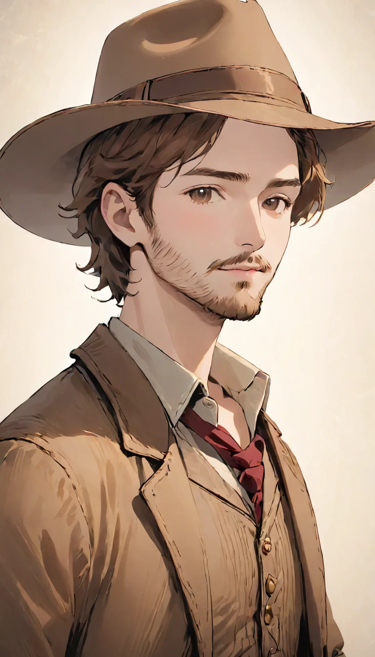 faded photo:1.5、Sepia:1.37、Faded Portrait、A 35-year-old man dressed like a cowboy.Ten-gallon hat、Leave for posterity、 He is light brown, Curly Hair., He has a little beard