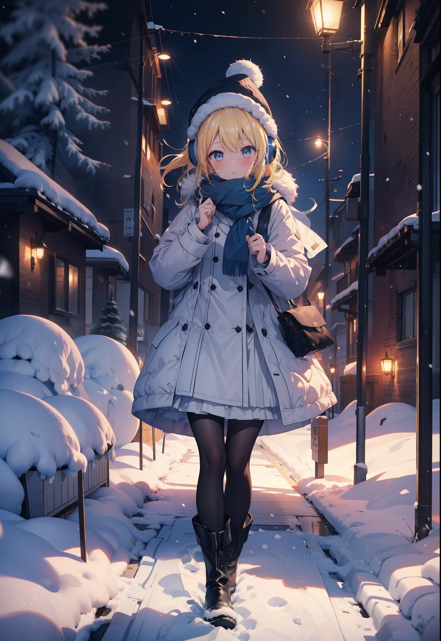 Eliase, catalyst, Yellow Hair, blue eyes, Long Hair,Knitted hat,Earmuffs,blush,Open your mouth,White Breath,White scarf,Light blue long coat,White long skirt,Black pantyhose,short boots,Walking,snowが降っている,snowが積もっている,snow,snow,snow,night,whole bodyがイラストに入るように,
break looking at viewer,whole body,
break outdoors,Residential Street,
break (masterpiece:1.2), Highest quality, High resolution, unity 8k wallpaper, (figure:0.8), (Beautiful attention to detail:1.6), Highly detailed face, Perfect lighting, Highly detailed CG, (Perfect hands, Perfect Anatomy),