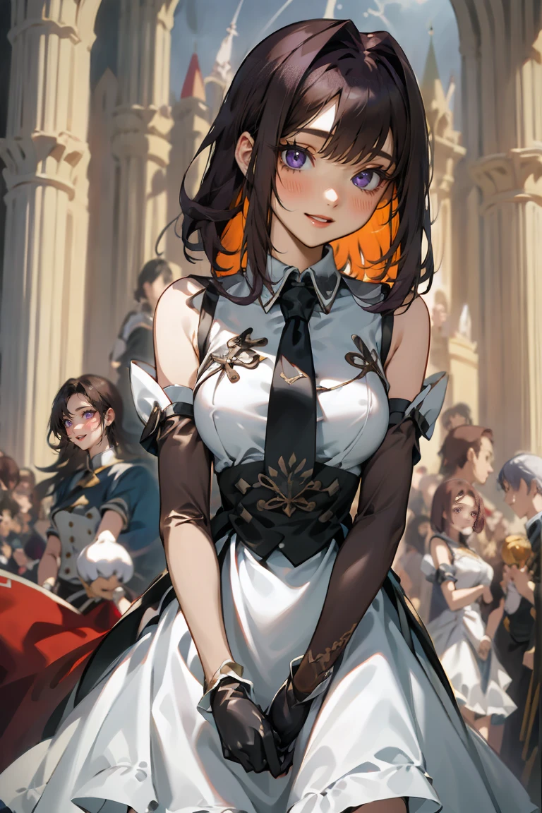 (masterpiece:1.2), (high quality:1.2), girls with((1girl, solo, purple hair, (medium hair, right swept bangs, one side up:1.55), bare shoulder, blush, breasts, choker, cleavage, cowboy shot, collar, collarbone, rosary, cross, white clothes, blouse, white dress, sleeveless, collared shirt and cheongsam, necktie, (black sleeves, arm wears, elbow armwarmers, metamorphosis is exposed, princess dress, long dress, frilled panniers:1.2), (open dress:1.34), leggings, boots, sandals, bare legs)), background with((fantasy world, ruin, castle, beautiful sky, shining sky, sunshine:1.35))