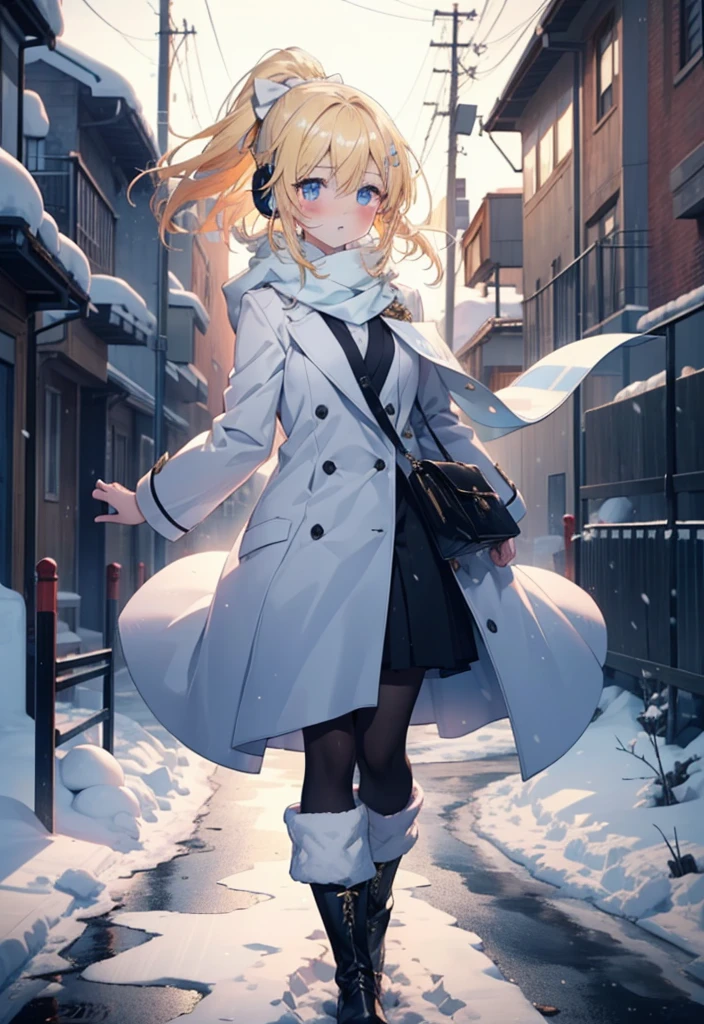 Eliase, catalyst, Yellow Hair, blue eyes, Long Hair,Hair Ribbon,ponytail,Earmuffs,blush,Open your mouth,White Breath,White scarf,Light blue long coat,White long skirt,Black pantyhose,short boots,Walking,snowが降っている,snowが積もっている,snow,snow,snow,night,whole bodyがイラストに入るように,
break looking at viewer,whole body,
break outdoors,Residential Street,
break (masterpiece:1.2), Highest quality, High resolution, unity 8k wallpaper, (figure:0.8), (Beautiful attention to detail:1.6), Highly detailed face, Perfect lighting, Highly detailed CG, (Perfect hands, Perfect Anatomy),