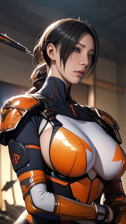 ８ｋ,Realistic skin texture、Superrealism、Realistic photos、Futuristic Japanese female soldier standing amongst rubble、Damaged orange metal armor、Butterfly mark on the armor、Unit Paint and Identification Number、Peeling paint、oil stains、fighting spirit、Detailed Description、Dynamic pose ，Huge breasts，The only person，blue eyes、whole body：1.9、

