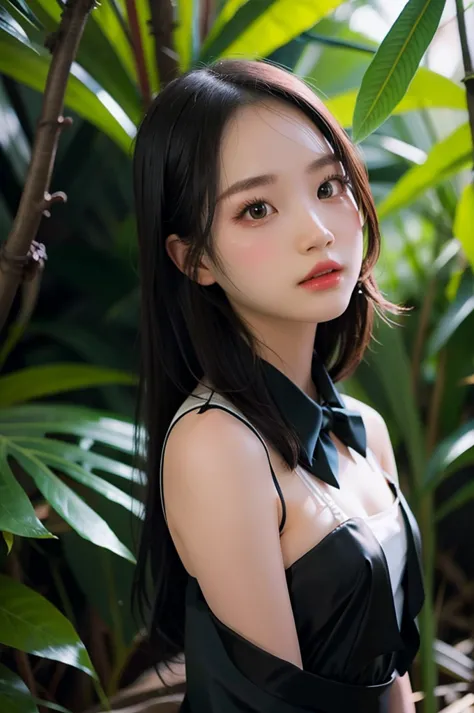 1girl, black  formal attire, background jungle 