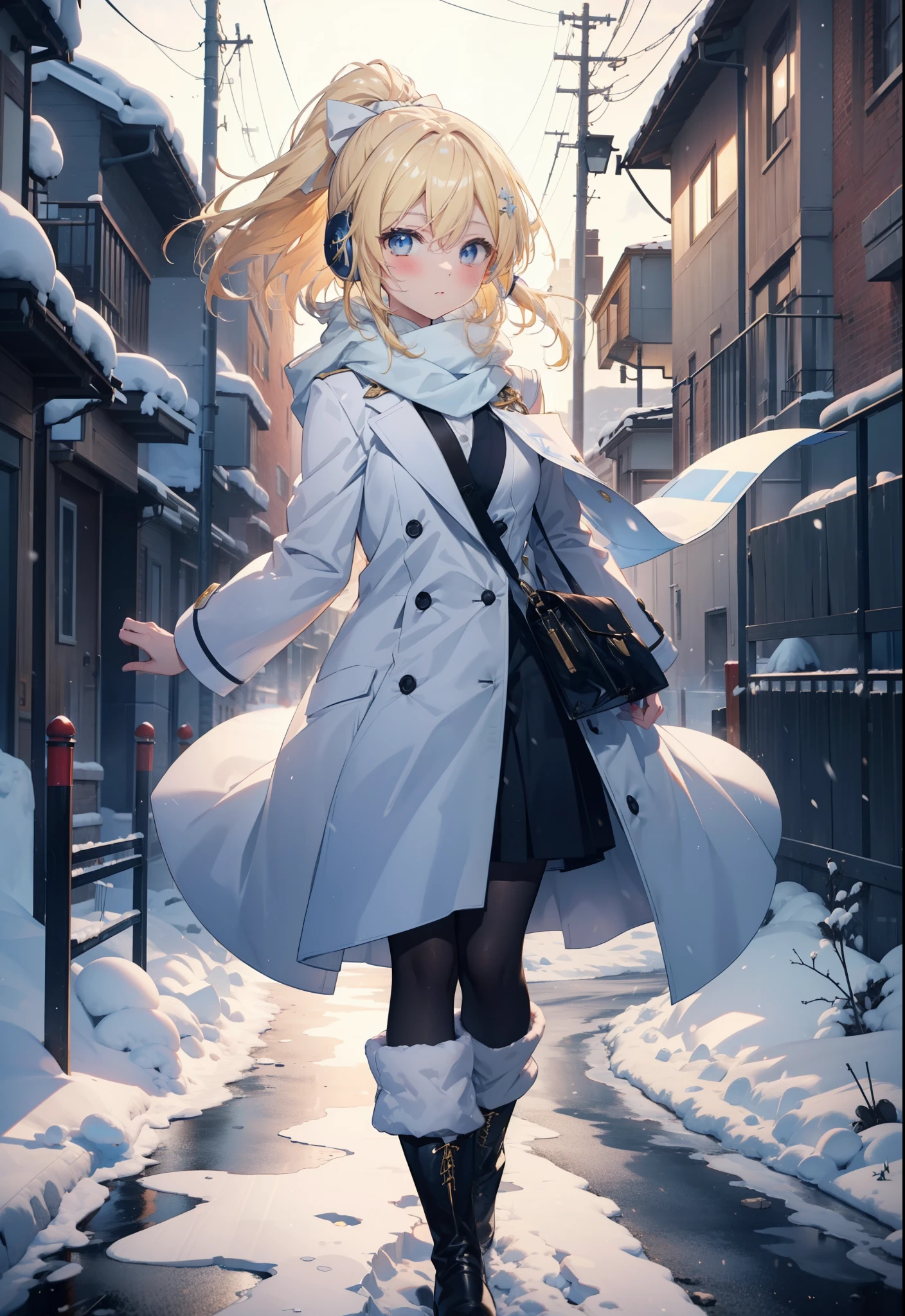 Eliase, catalyst, Yellow Hair, blue eyes, Long Hair,Hair Ribbon,ponytail,Earmuffs,blush,Open your mouth,White Breath,White scarf,Light blue long coat,White long skirt,Black pantyhose,short boots,Walking,snowが降っている,snowが積もっている,snow,snow,snow,night,whole bodyがイラストに入るように,
break looking at viewer,whole body,
break outdoors,Residential Street,
break (masterpiece:1.2), Highest quality, High resolution, unity 8k wallpaper, (figure:0.8), (Beautiful attention to detail:1.6), Highly detailed face, Perfect lighting, Highly detailed CG, (Perfect hands, Perfect Anatomy),