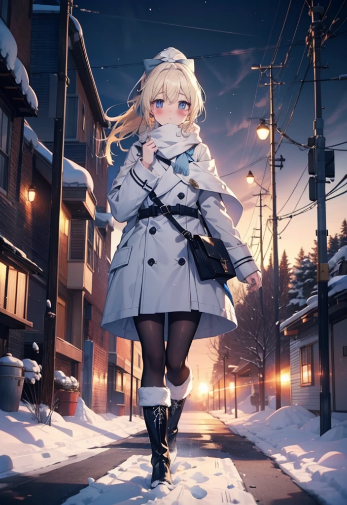 Eliase, catalyst, Yellow Hair, blue eyes, Long Hair,Hair Ribbon,ponytail,Earmuffs,blush,Open your mouth,White Breath,White scarf,Light blue long coat,White long skirt,Black pantyhose,short boots,Walking,snowが降っている,snowが積もっている,snow,snow,snow,night,whole bodyがイラストに入るように,
break looking at viewer,whole body,
break outdoors,Residential Street,
break (masterpiece:1.2), Highest quality, High resolution, unity 8k wallpaper, (figure:0.8), (Beautiful attention to detail:1.6), Highly detailed face, Perfect lighting, Highly detailed CG, (Perfect hands, Perfect Anatomy),