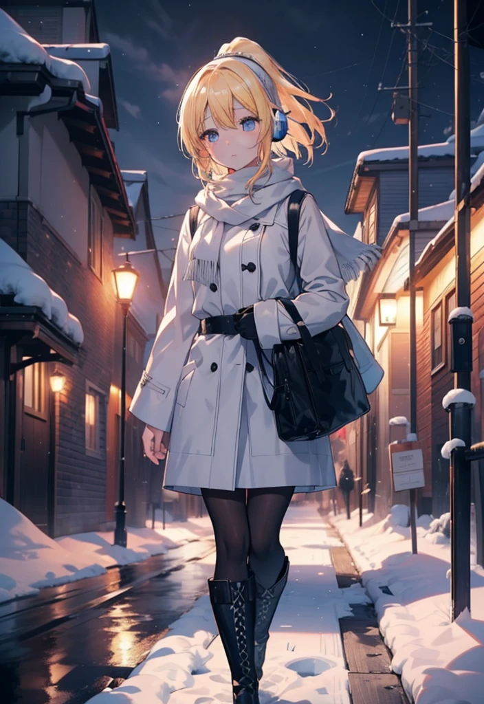 Eliase, catalyst, Yellow Hair, blue eyes, Long Hair,Hair Ribbon,ponytail,Earmuffs,blush,Open your mouth,White Breath,White scarf,Light blue long coat,White long skirt,Black pantyhose,short boots,Walking,snowが降っている,snowが積もっている,snow,snow,snow,night,whole bodyがイラストに入るように,
break looking at viewer,whole body,
break outdoors,Residential Street,
break (masterpiece:1.2), Highest quality, High resolution, unity 8k wallpaper, (figure:0.8), (Beautiful attention to detail:1.6), Highly detailed face, Perfect lighting, Highly detailed CG, (Perfect hands, Perfect Anatomy),