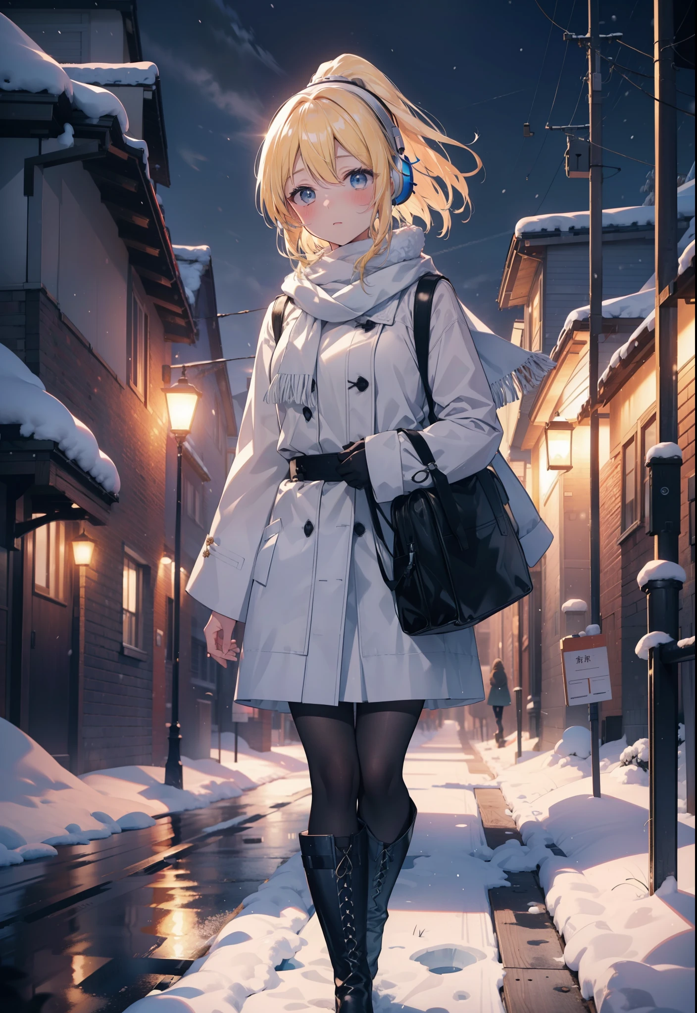 Eliase, catalyst, Yellow Hair, blue eyes, Long Hair,Hair Ribbon,ponytail,Earmuffs,blush,Open your mouth,White Breath,White scarf,Light blue long coat,White long skirt,Black pantyhose,short boots,Walking,snowが降っている,snowが積もっている,snow,snow,snow,night,whole bodyがイラストに入るように,
break looking at viewer,whole body,
break outdoors,Residential Street,
break (masterpiece:1.2), Highest quality, High resolution, unity 8k wallpaper, (figure:0.8), (Beautiful attention to detail:1.6), Highly detailed face, Perfect lighting, Highly detailed CG, (Perfect hands, Perfect Anatomy),