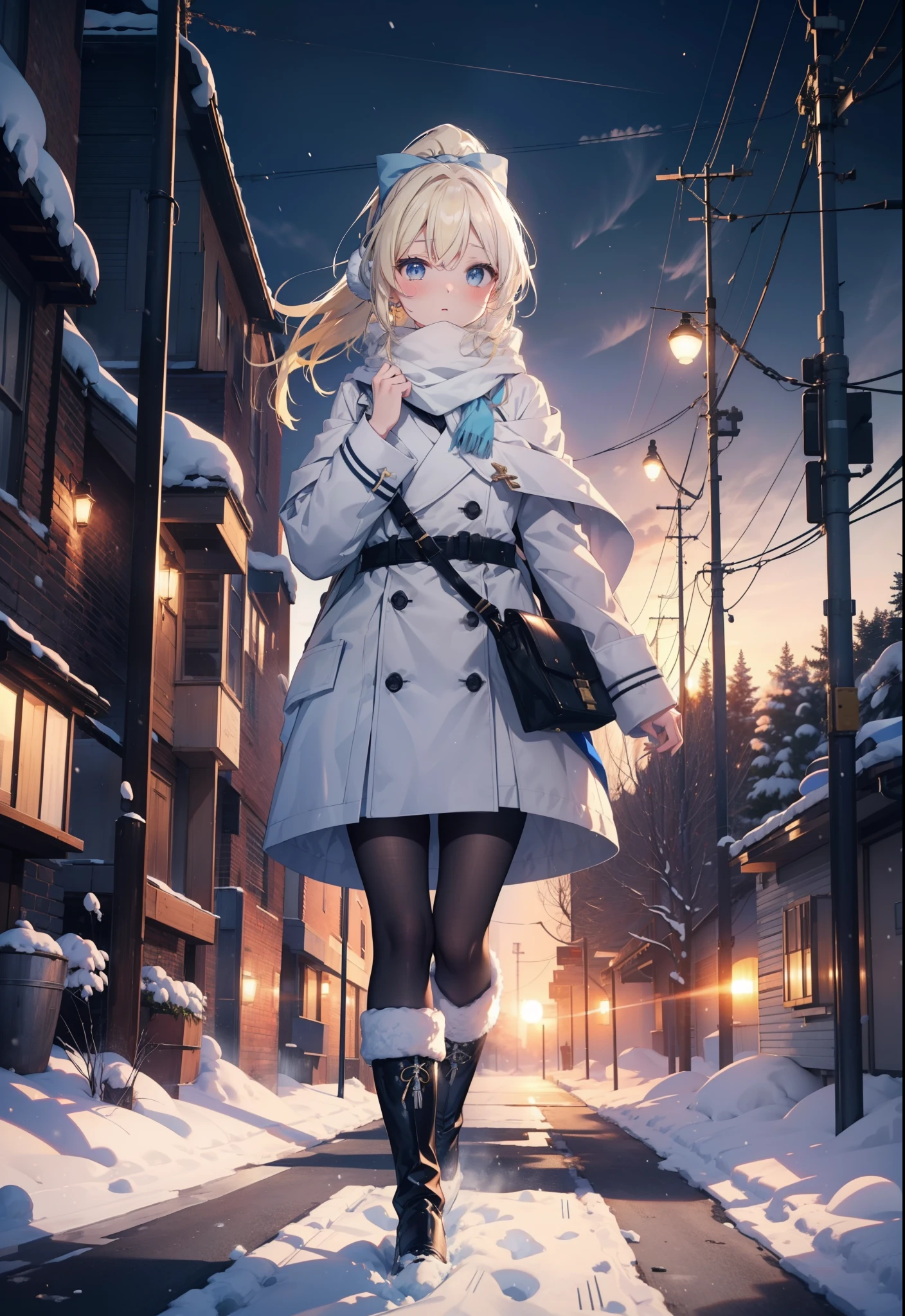 Eliase, catalyst, Yellow Hair, blue eyes, Long Hair,Hair Ribbon,ponytail,Earmuffs,blush,Open your mouth,White Breath,White scarf,Light blue long coat,White long skirt,Black pantyhose,short boots,Walking,snowが降っている,snowが積もっている,snow,snow,snow,night,whole bodyがイラストに入るように,
break looking at viewer,whole body,
break outdoors,Residential Street,
break (masterpiece:1.2), Highest quality, High resolution, unity 8k wallpaper, (figure:0.8), (Beautiful attention to detail:1.6), Highly detailed face, Perfect lighting, Highly detailed CG, (Perfect hands, Perfect Anatomy),