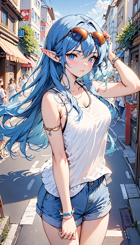 ((best quality)), ((masterpiece)), (detailed), 1girl, sexy, elf, blue hair, long hair, straight hair, pointy ears, eyewear on he...