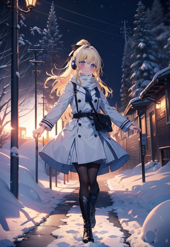 Eliase, catalyst, Yellow Hair, blue eyes, Long Hair,Hair Ribbon,ponytail,Earmuffs,smile,blush,Open your mouth,White Breath,White scarf,Light blue long coat,White long skirt,Black pantyhose,short boots,Walking,snowが降っている,snowが積もっている,snow,snow,snow,night,whole bodyがイラストに入るように,
break looking at viewer,whole body,
break outdoors,Residential Street,
break (masterpiece:1.2), Highest quality, High resolution, unity 8k wallpaper, (figure:0.8), (Beautiful attention to detail:1.6), Highly detailed face, Perfect lighting, Highly detailed CG, (Perfect hands, Perfect Anatomy),