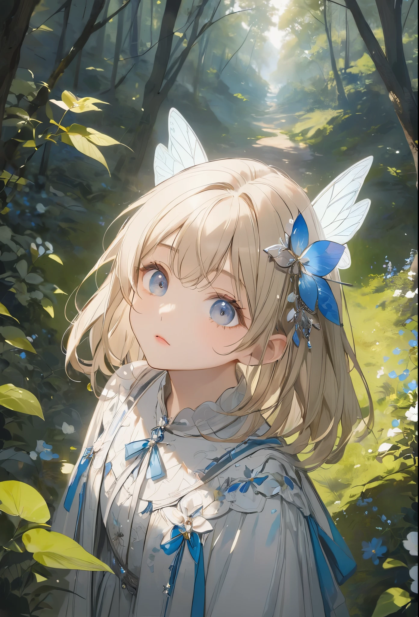 Gothic art, retina, masterpiece, highres, best quality, high details,A fluffy white fairy who lives in the forest、learning forword、looking up、from above、Blue and white outfit、Beige hair color