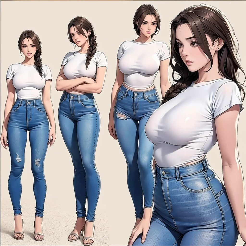 Detailed character sheet, Front view, Side view, Oblique view, with a white returnground, show women, 30 years old, with short dark brown hair combed return, Light casual clothing, Wear tight denim jeans. The seat includes different angles, Front desk etc.., return, and Side views, Model and Reference Sheets, Full body painting. The ratio is based on 7.5 Head Scale.