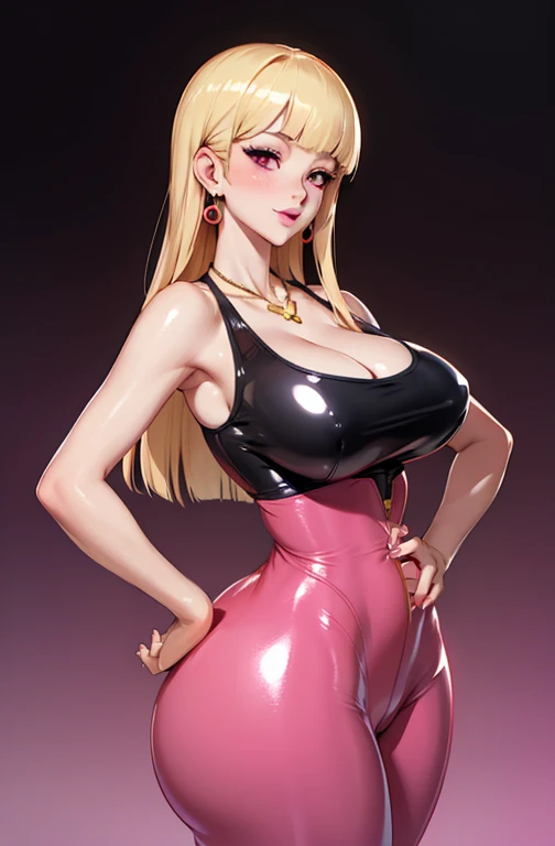 1girl, blonde hair, long hair, blunt bangs, big lips, pink eyes, detailed eyes, cleavage, shiny latex tank top, skin tight latex pants, hand on hip, superiority, (huge breasts), light smile, blush, nose blush, background, anime, seductive, intimate, centered portrait, centered cowboy shot, dainty jewelery, earrings, dainty gold necklace, mouth closed, realistic anime, centered, wide shot, wide hips, huge ass, bare thighs, tiny waist, hourglass figure,