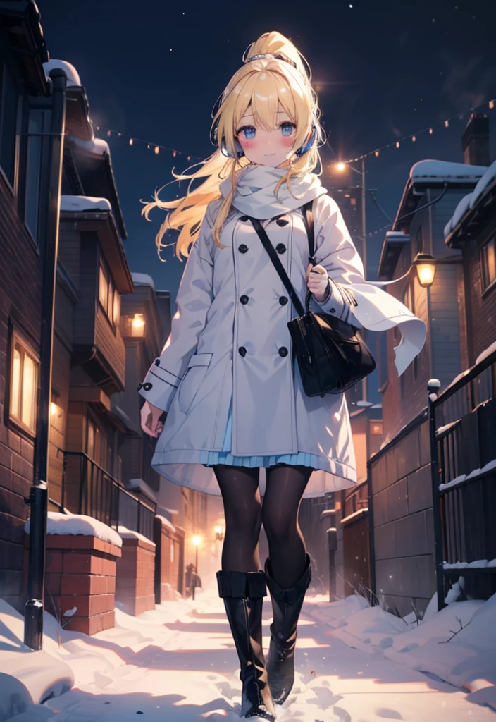 Eliase, catalyst, Yellow Hair, blue eyes, Long Hair,Hair Ribbon,ponytail,Earmuffs,smile,blush,Open your mouth,White Breath,White scarf,Light blue long coat,White long skirt,Black pantyhose,short boots,Walking,snowが降っている,snowが積もっている,snow,snow,snow,night,whole bodyがイラストに入るように,
break looking at viewer,whole body,
break outdoors,Residential Street,
break (masterpiece:1.2), Highest quality, High resolution, unity 8k wallpaper, (figure:0.8), (Beautiful attention to detail:1.6), Highly detailed face, Perfect lighting, Highly detailed CG, (Perfect hands, Perfect Anatomy),