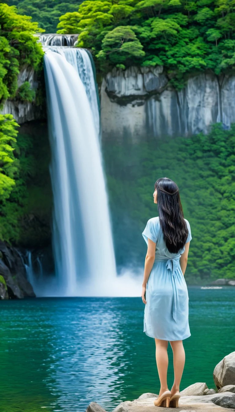 HDR (High Dynamic Range) image of a breathtaking high waterfall cascading down into a serene lake. A Japanese woman with long, flowing black hair stands gracefully by the lake, embodying unique beauty and tranquility. The sky above is a clear, bluish hue with only a few scattered clouds, adding a peaceful backdrop to the scene. The hyper-detailed waterfall is the focal point, capturing the viewer's attention with its powerful yet calming flow. Surrounding the lake, lush trees and vibrant flowers contribute to the natural splendor, enhancing the overall sense of calm and beauty in the scene.