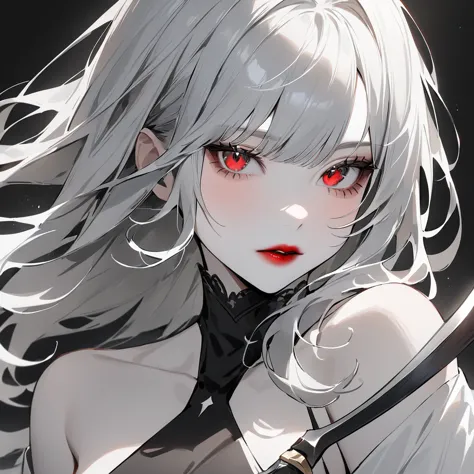 highest quality、masterpiece、1 girl、black background、gray hair:1.5、red eyes、red lips、white clothes、a world in black and white、a w...