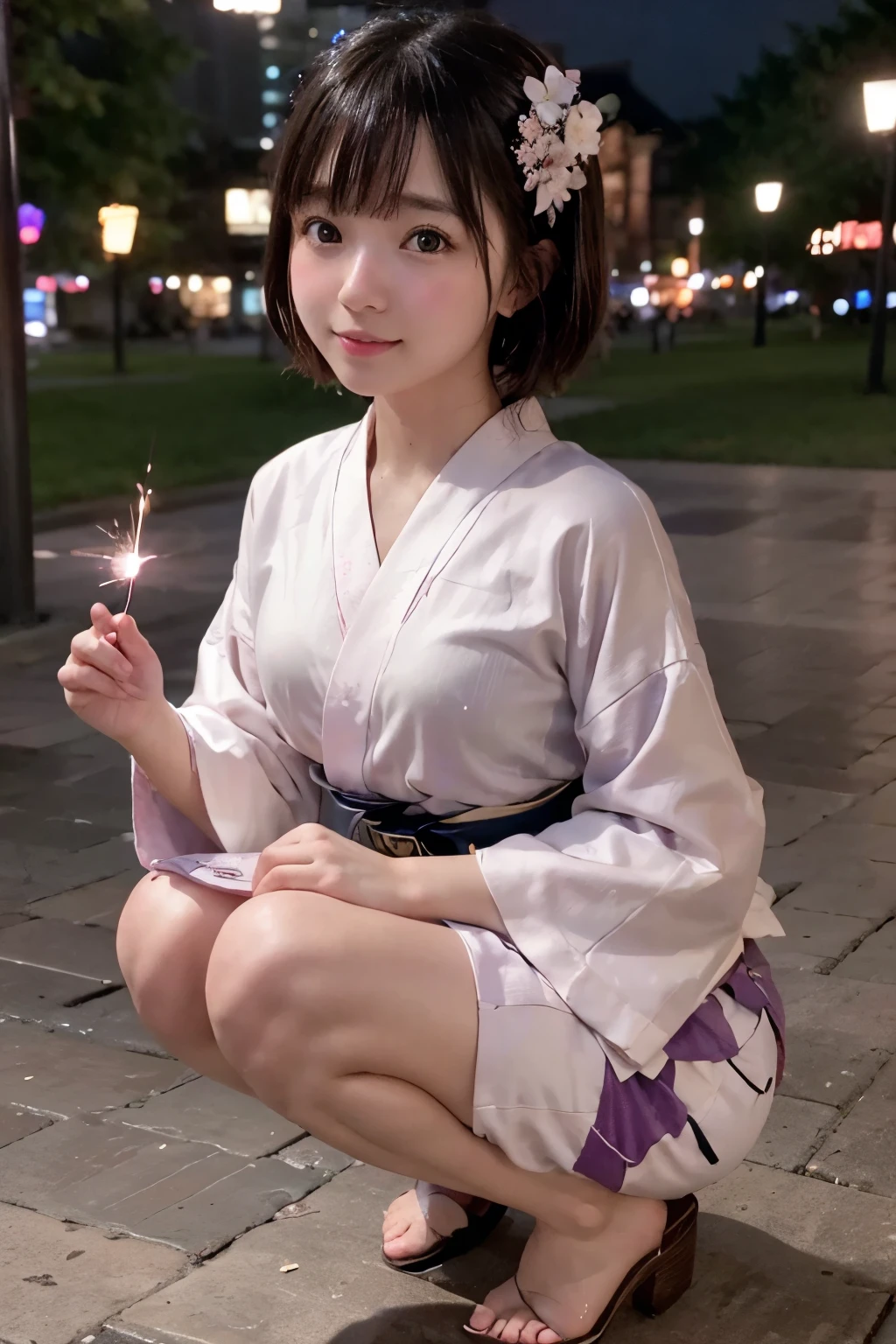 8K, RAW Photo, Best Quality, Masterpiece, Realistic, PhotoRealistic, Extremely Detailed 8K Wallpaper, (Beautifully Detailed Eyes), Finely Detailed Face, 
 BREAK 
Professional Lighting, 
 BREAK 
(A Girl is Playing Japanese Sparkler with Own Hand Extending to the Viewer:1.6), Pointing Fireworks to the Viewer:1.1, 
((Light Purple Dusk:1.4)), 
(marunouchiekimaehiroba:1.2), 
((lamppost, [[tree]], scenery, [building], sky, clock, city, real world location, road, [street], window, [cityscape], pavement)), 
 BREAK 
Perfectly Anatomically Correct:1.7, 5 Beautiful finger:1.7, 
 BREAK 
1 Girl, Very Short Hair Bun:1.2, Japanese, (Kawaii), Wide-Set Eyes, Very White Skinned, Blush, Embarrassed, 17-Year-Old, 
(Captivating Eye Reflections), 
Peaceful, Smiling, Ecstasy, Open Mouse Slightly, 
Brown Hair, Wet Hair, 
(Pale Japanese Yukata:1.4), Squatting, [Slightly Cleavage], 
Looking Up Viewer, 
 BREAK 
[SFW:1.1], 
 BREAK 
Eye Focus:1.0, Bokeh:1.3, (50mm Lens), from Above, from Side, Feet Out of Frame