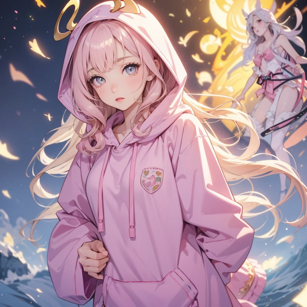 adult  woman, Age 22; long hair, pretty and pink, curly hair; light yellow eyes, angelic and beautiful face with flushed cheeks, rosto ultra detaild; (( wearing cute hooded kigurumi pajamas )); best qualityer, ultra detaild, best resolution, 4K, soft strokes, role model, work of art, closes; dimly lit room in the background, focus on the character, blurry background 