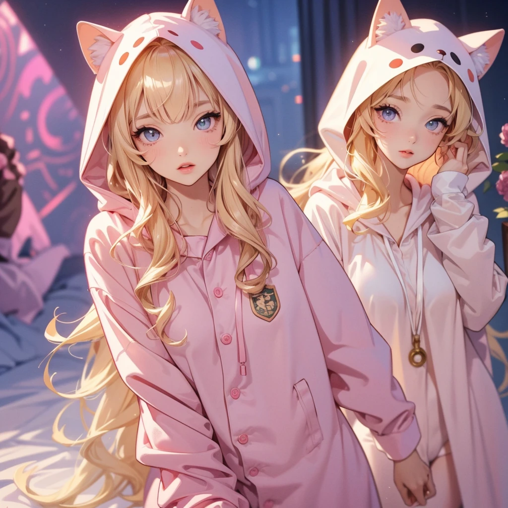 adult  woman, Age 22; long hair, pretty and pink, curly hair; light yellow eyes, angelic and beautiful face with flushed cheeks, rosto ultra detaild; (( wearing cute hooded kigurumi pajamas )); best qualityer, ultra detaild, best resolution, 4K, soft strokes, role model, work of art, closes; dimly lit room in the background, focus on the character, blurry background 