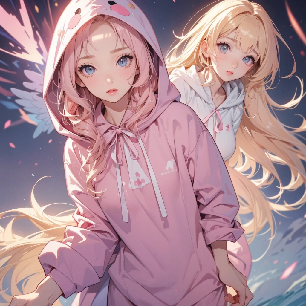 adult  woman, Age 22; long hair, pretty and pink, curly hair; light yellow eyes, angelic and beautiful face with flushed cheeks, rosto ultra detaild; (( wearing cute hooded kigurumi pajamas )); best qualityer, ultra detaild, best resolution, 4K, soft strokes, role model, work of art, closes; dimly lit room in the background, focus on the character, blurry background 