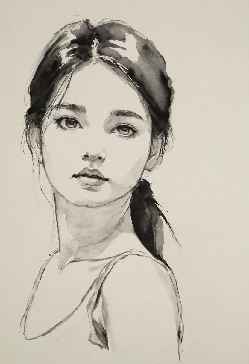 (Highest quality, High resolution, masterpiece:1.2), Very detailed, Realistic:1.37, Black ink sketch, Smooth lines, Expressive facial expressions and posture, Minimalist Background, Enhance light and shadow and spatial perception, Plenty of negative space, Young girl.Ink portrait,Smooth flowing lines,expressive face,Delicate emotions,Ink contrast,Simple Background,Enhance light and shadow,amplitude,Plenty of negative space,Peaceful atmosphere,Serene atmosphere,feels like a dream,Delicate yet fascinating details,Calm colors,Calm and introspective,Graceful posture,Gentle Movement,kind and innocent,A whisper of elegance,Quiet elegance,Shining Sparkle,Sublime Beauty,Vector illustration,Black and White,Natural and organic,Nurturing and calming,Sublime simplicity,Mysterious charm.