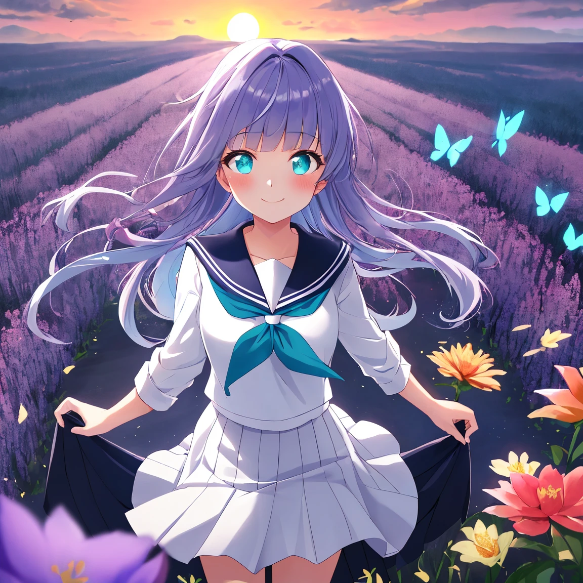 (( best quality, masterpiece, 4k, 8k, 16k, absurdrity, retina)), Ultra-Wide Angle, anime style, 1girl, smile, blunt bangs, drooping eyebrows, aqua eyes, glowing eyes, violet hair, meadow, smile, curtsy, white serafuku, blue sailor collar, red neckerchief, long white shirt, blue flowing pleated skirt, lace-trimmed skirt, BREAK looking at viewer, blush, facing shot:, sunrise backlighting, cloudy, purple and blue gradient sky, glowing butterflies, award winning, vibrant colors, flowers flying, bloom, petals falling, cowboy shot, view from above