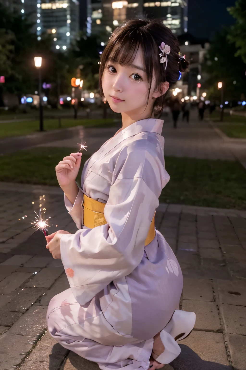 8K, RAW Photo, Best Quality, Masterpiece, Realistic, PhotoRealistic, Extremely Detailed 8K Wallpaper, (Beautifully Detailed Eyes), Finely Detailed Face, 
 BREAK 
Professional Lighting, 
 BREAK 
(A Girl is Playing Japanese Sparkler with Own Hand Extending to the Viewer:1.6), Pointing Fireworks to the Viewer:1.1, 
((Light Purple Dusk:1.4)), 
(marunouchiekimaehiroba:1.2), 
((lamppost, [[tree]], scenery, [building], sky, clock, city, real world location, road, [street], window, [cityscape], pavement)), 
 BREAK 
Perfectly Anatomically Correct:1.7, 5 Beautiful finger:1.7, 
 BREAK 
1 Girl, Very Short Hair Bun:1.2, Japanese, (Kawaii), Wide-Set Eyes, Very White Skinned, Blush, Embarrassed, 17-Year-Old, 
(Captivating Eye Reflections), 
Peaceful, Smiling, Ecstasy, Open Mouse Slightly, 
Brown Hair, Wet Hair, 
(Pale Japanese Yukata:1.4), Kneeling, [Slightly Cleavage], 
Looking Up Viewer, 
 BREAK 
[SFW:1.1], 
 BREAK 
Eye Focus:1.0, Bokeh:1.3, (75mm Lens), from Above, from Side, Feet Out of Frame