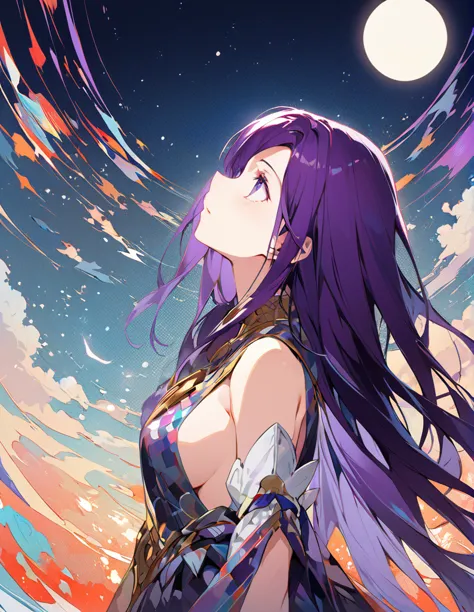 Profile of a brave purple-haired long-haired princess, side boob exposed　Screentone processing　Looking up at the moon　Shaded pai...