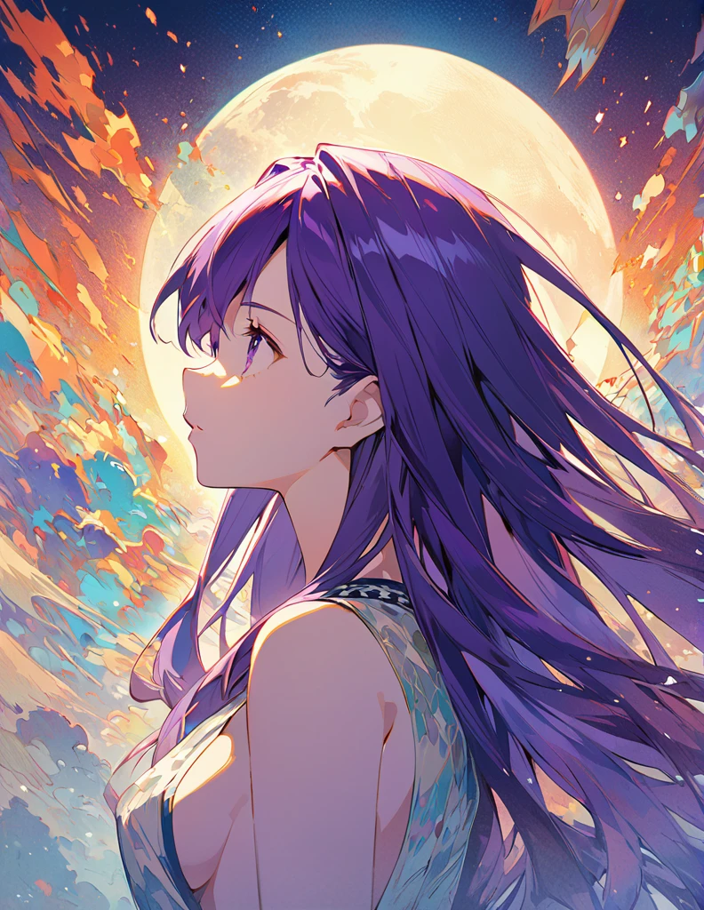 Profile of a brave purple-haired long-haired princess, side boob exposed　Screentone processing　Looking up at the moon　Shaded painting style　Abstract Painting　Nostalgia
