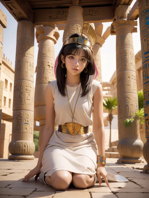 cute ancient egyptian princess、colorful temples of ancient egypt、the colorful streets of ancient egypt、artistic、detailed、hemp cl...