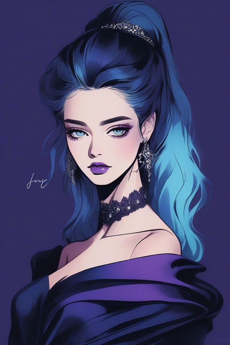 (best quality, sketch:1.2),realistic,illustrator,anime,1 girl, detailed lips,custom, bad women, details, black and  aquamarine gradient background,neon hair,textured cropping, masterpiece, style retro classic, [a close up of women dummy, sexy dress, silk dress, mercury dress, astral dress, beautiful silky dress, sexy gown, dark dress, dark purple garments, revealing stylish dress, dark astral dress, soft silk dress, elegant dark blue dress, stylish dark dress, airbrush dark dress, fantasy dress, baroque dress, extravagant dress] (photo portrait)