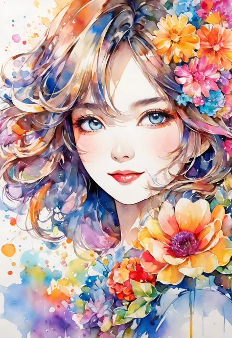 beautiful woman portrait, cute smile, sylvia pelissero watercolors, colorful flowers, beautiful eyes,  upper body, abstract art,...