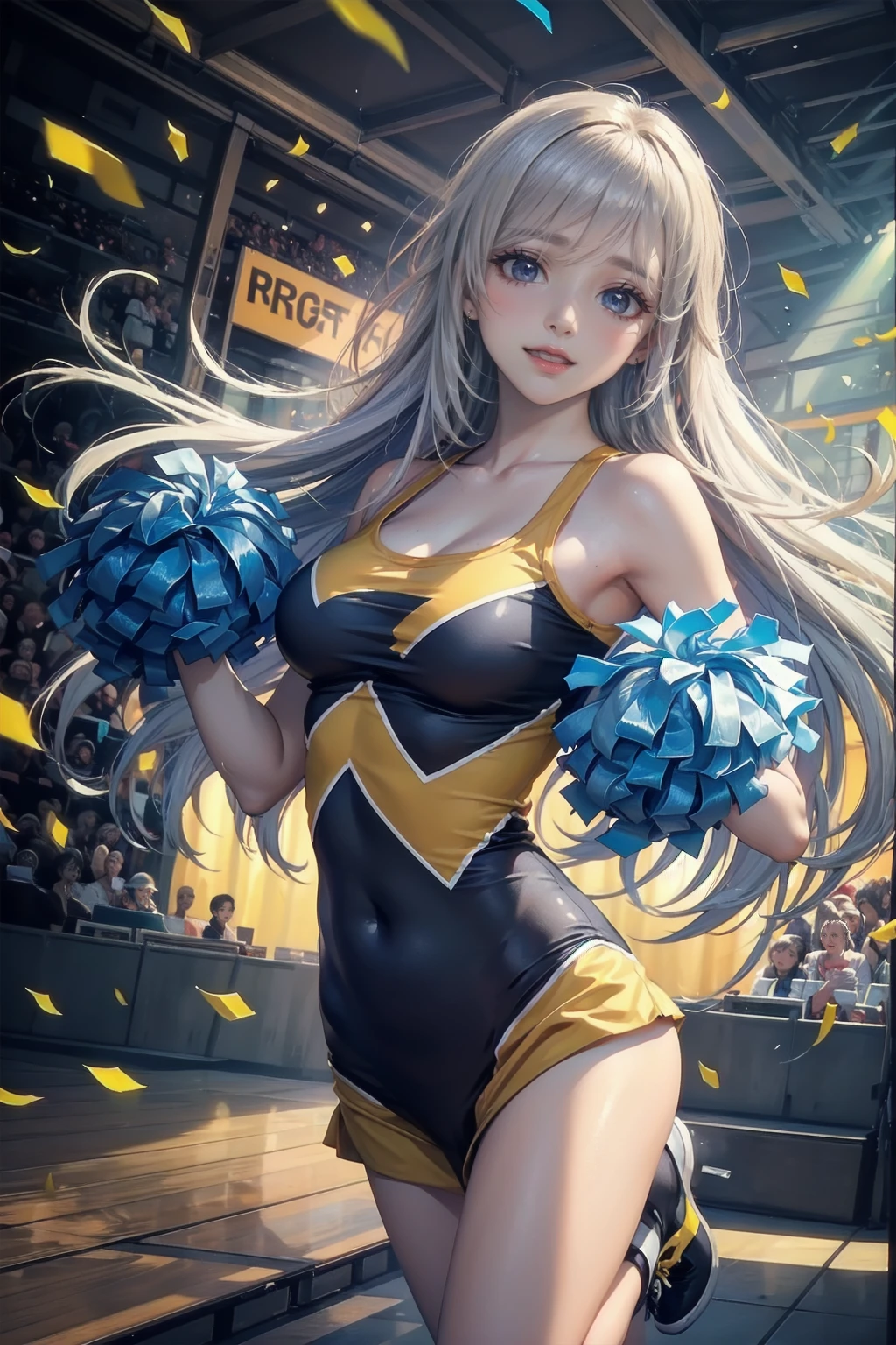 Cowboy Shot:1.2, Dutch Angel, (Highest quality,4K,8k,High resolution,masterpiece:1.2),Very detailed,(Realistic,photoRealistic,photo-Realistic:1.37),colorful,Splash Art,pretty girl,Gray Hair,Girly pose,Dynamic Movement,Cheerleading Costumes,Bright expression,Big, bright eyes,Rosy Cheeks,Happy atmosphere,Vibrant colors,Shiny Hair,Beautiful smile,Lively background,Multicolored ribbons,Playful energy,Exciting Cheerleading Routines,Beautiful lines and shapes,Stylized shading,Cartoony,Anime influences,Expressive artwork,Eye-catching composition,fun mood,Full of vitality,Fantasy elements,energetic jump,Flying hair,Positive atmosphere,Elevated Spirit,Splash,Confetti falling,Cheering crowd,Motion Blur Effect,Seamless Actions,Exquisite detail