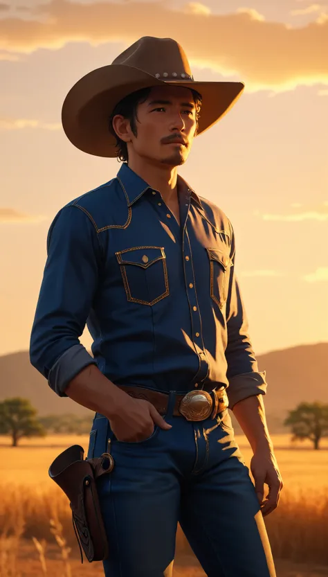 cowboy portrait、detailed cowboy face、impressive cowboy look、cowboy hat、cowboy shirt、cowboy jeans、cowboy boots、tough cowboy hides...