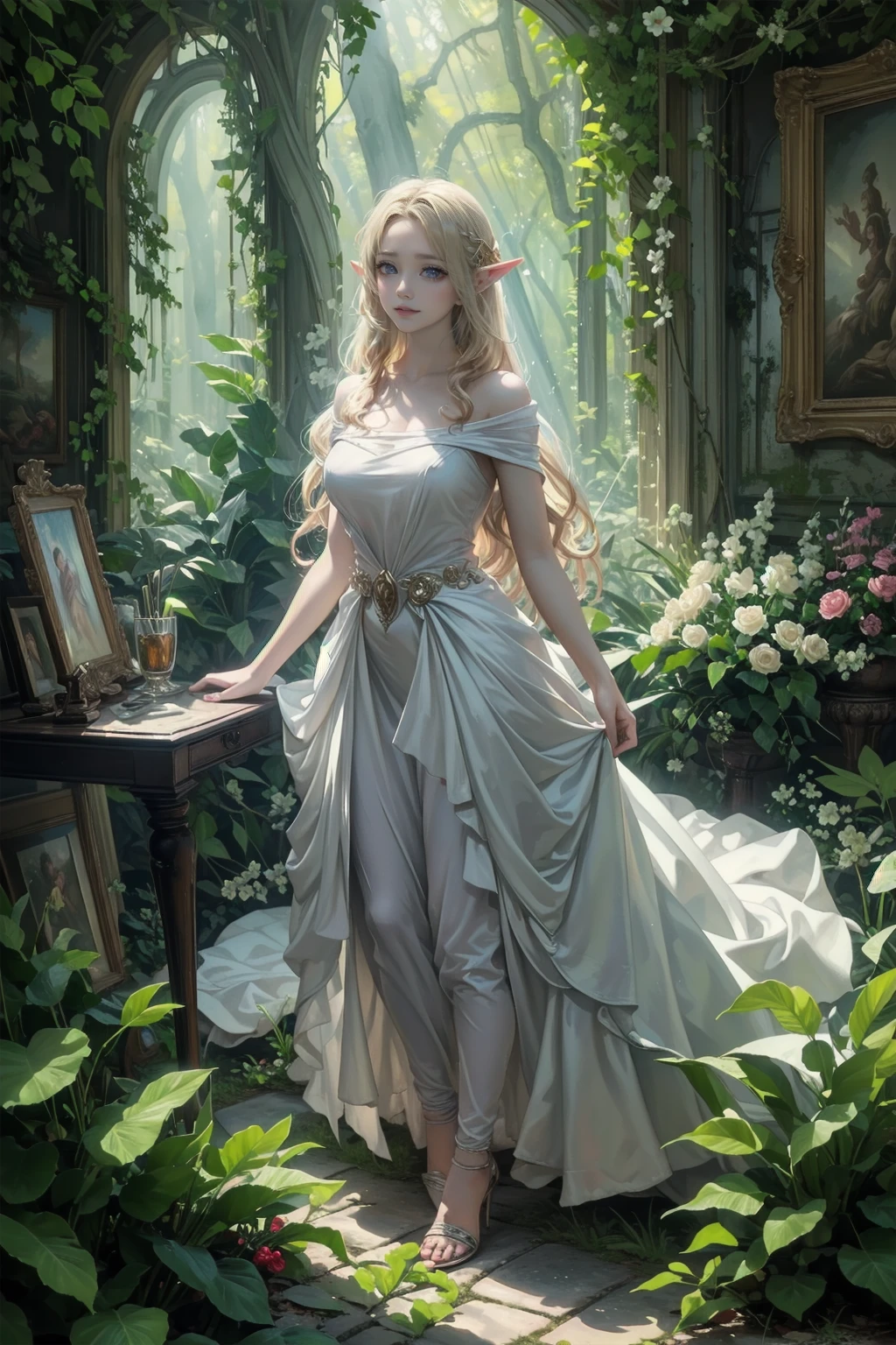 (Attractive elven woman with piercing green eyes, Flowing red curly hair, and a shining smile) (wealthy, Vibrant colors, Detailed Background, Fantasy Setting, With dreamy lighting and bright sunlight) [oil, Fantasy art,figure] (Highest quality, 4K,High resolution,Photorealistic) (Towering Tree々A mysterious forest overgrown with, Bright flowers, and magical creatures)(soft, The fantastic lighting casts mottled shadows) [Mossy stone path, The leaves rustle in the breeze, Sparkling fairy dust] (Elven woman in an elegant green dress decorated with intricate woodland patterns, Sparkling with enchantment) (Delicate flowers woven into her hair, The dew sparkles) (Peaceful Expressions, Graceful posture, Surrounded by an aura of graceful power and wisdom) [An ancient book of spells lay open next to her, Alluding to her mystical abilities] (Sunlight filtering through dense foliage, Create a warm and cozy atmosphere)