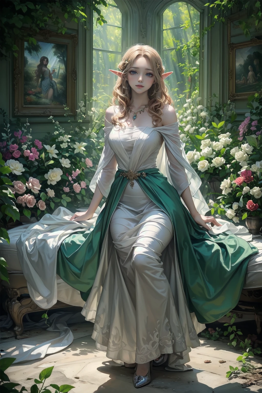 (Attractive elven woman with piercing green eyes, Flowing red curly hair, and a shining smile) (wealthy, Vibrant colors, Detailed Background, Fantasy Setting, With dreamy lighting and bright sunlight) [oil, Fantasy art,figure] (Highest quality, 4K,High resolution,Photorealistic) (Towering Tree々A mysterious forest overgrown with, Bright flowers, and magical creatures)(soft, The fantastic lighting casts mottled shadows) [Mossy stone path, The leaves rustle in the breeze, Sparkling fairy dust] (Elven woman in an elegant green dress decorated with intricate woodland patterns, Sparkling with enchantment) (Delicate flowers woven into her hair, The dew sparkles) (Peaceful Expressions, Graceful posture, Surrounded by an aura of graceful power and wisdom) [An ancient book of spells lay open next to her, Alluding to her mystical abilities] (Sunlight filtering through dense foliage, Create a warm and cozy atmosphere)