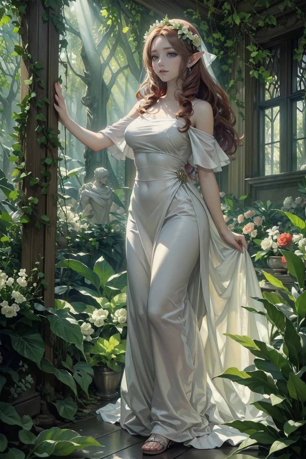 (Attractive elven woman with piercing green eyes, Flowing red curly hair, and a shining smile) (wealthy, Vibrant colors, Detailed Background, Fantasy Setting, With dreamy lighting and bright sunlight) [oil, Fantasy art,figure] (Highest quality, 4K,High resolution,Photorealistic) (Towering Tree々A mysterious forest overgrown with, Bright flowers, and magical creatures)(soft, The fantastic lighting casts mottled shadows) [Mossy stone path, The leaves rustle in the breeze, Sparkling fairy dust] (Elven woman in an elegant green dress decorated with intricate woodland patterns, Sparkling with enchantment) (Delicate flowers woven into her hair, The dew sparkles) (Peaceful Expressions, Graceful posture, Surrounded by an aura of graceful power and wisdom) [An ancient book of spells lay open next to her, Alluding to her mystical abilities] (Sunlight filtering through dense foliage, Create a warm and cozy atmosphere)