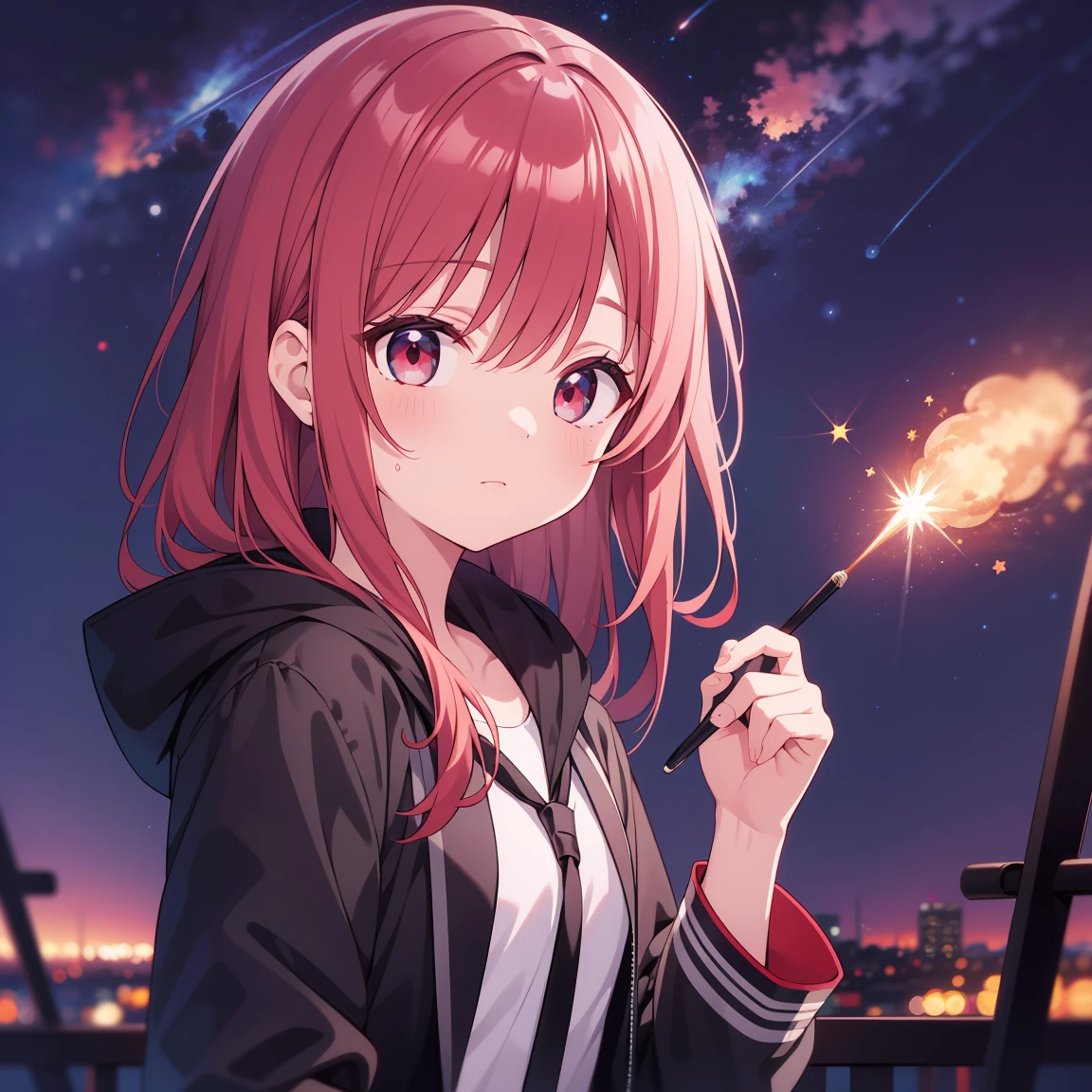 (Highest quality), (masterpiece), 1080P, High resolution, 4K, 8k, boy, black Parker, food up, Red hair, Upper Body, Night Sky, Starry Sky, meteor, 