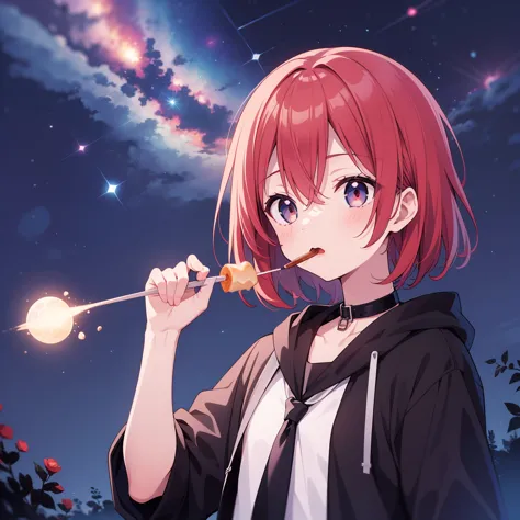 (Highest quality), (masterpiece), 1080P, High resolution, 4K, 8k, boy, black Parker, food up, Red hair, Upper Body, Night Sky, S...