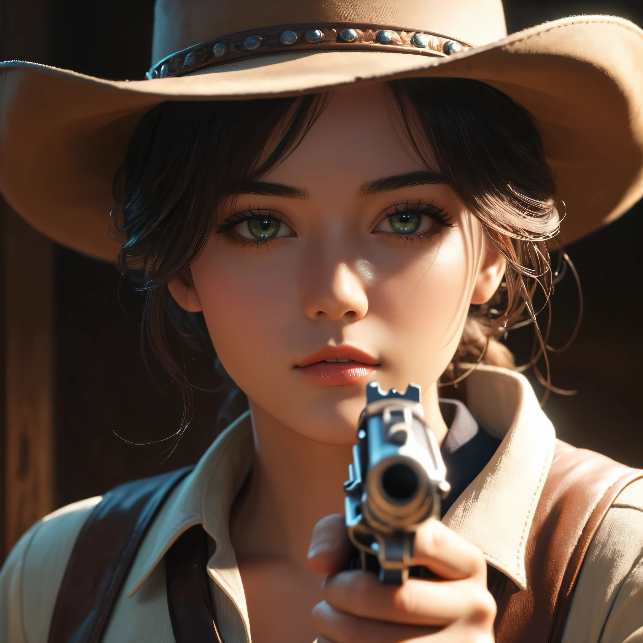 Face Up, ((cowboy, Holding a gun, 画面いっぱいのcowboy, Detailed Eyes Dramatic Lighting、A calming color palette, (Highest quality, 4K, 8k, Realistic, High resolution, masterpiece:1.2).