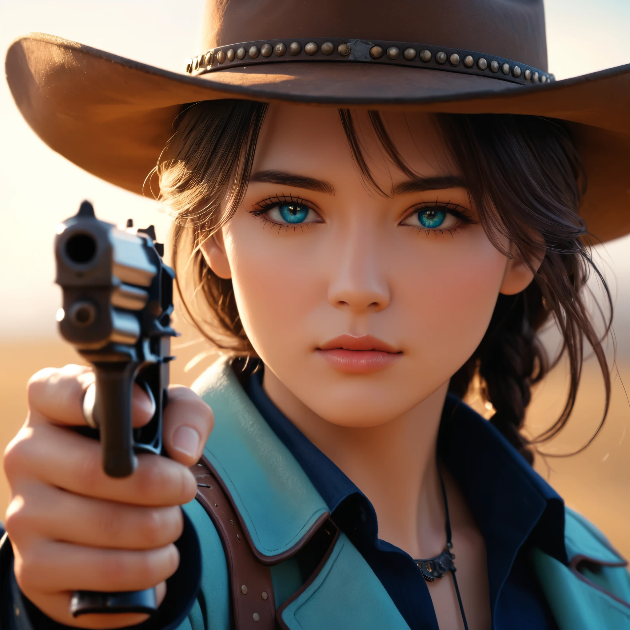 Face Up, ((cowboy, Holding a gun, 画面いっぱいのcowboy, Detailed Eyes Dramatic Lighting、A calming color palette, (Highest quality, 4K, 8k, Realistic, High resolution, masterpiece:1.2).