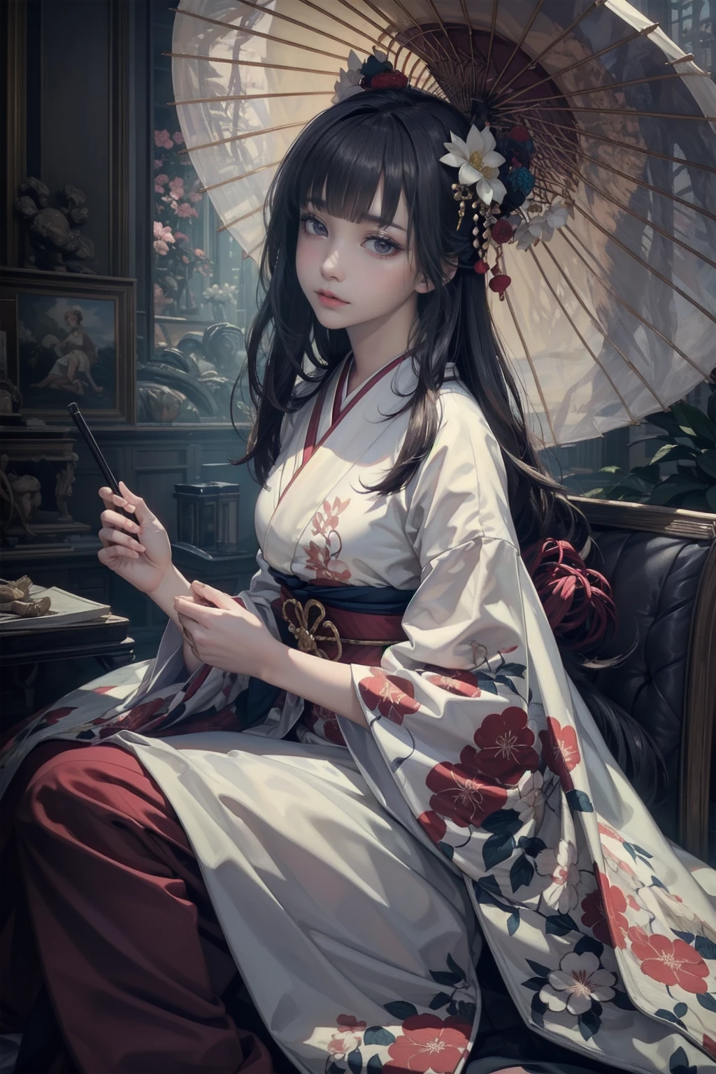 Realistic One Girl, Detailed beautiful fox ghost girl, Wearing a red floral kimono and holding a Japanese umbrella, Long, straight, black and white gradient hair, Blunt bangs, Flowing Hair, Beautiful attention to detail, Kabuki-style eye makeup, Beautiful lip detail, Detailed facial features, Detailed Hair, Detailed skin, Detailed costume, Kyoto townhouse background, 輝くMagicオーラ, Mysterious, Magic, Fantasy, Whimsical, artistic, Vibrant colors, Cinema Lighting, Award-winning, (Highest quality, 16K, High resolution, masterpiece:1.2), (Ultra-realistic, Realistic:1.37), (Intricate details:1.2), (Depth of written boundary:1.1), Very detailed, Cinema Lighting, Warm color palette, Complex Pattern, elegant, elegant, Mysterious