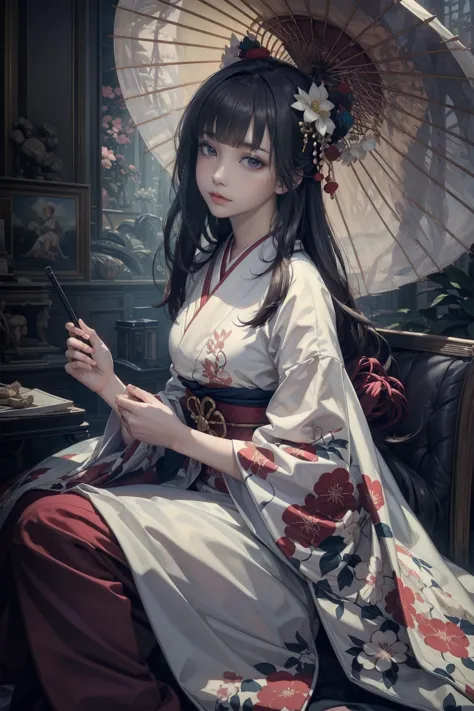 Realistic One Girl, Detailed beautiful fox ghost girl, Wearing a red floral kimono and holding a Japanese umbrella, Long, straig...