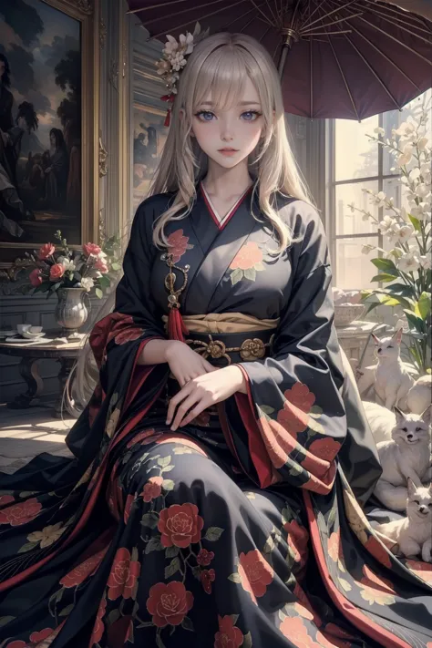 Realistic One Girl, Detailed beautiful fox ghost girl, Wearing a red floral kimono and holding a Japanese umbrella, Long, straig...