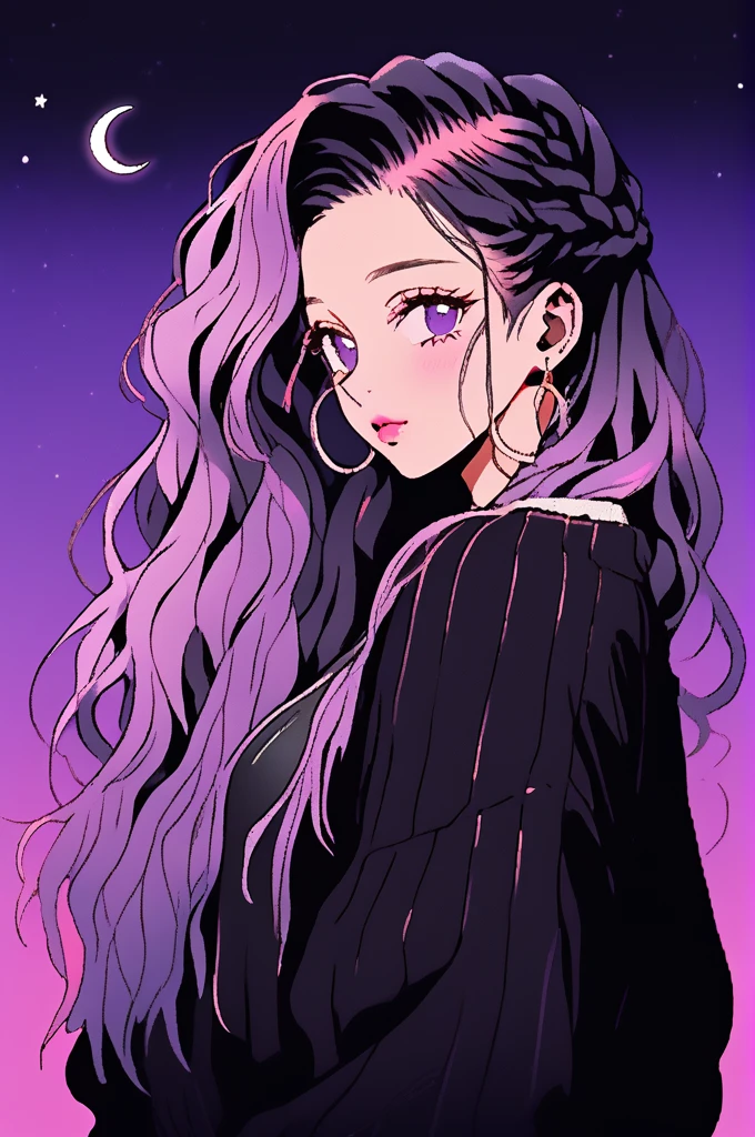 (Highest quality, sketch:1.2),Realistic,Illustrator,anime,1 girl, Detailed lips,sweater,custom,Pink gradient background,Neon Hair,Texture Clipping,masterpiece, style: Retro Classic, Dark Black、Braiding、Under the Moon、黒とpurpleの髪、Beautiful books、Long Hair、Hair is Night 、purple