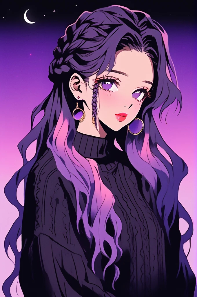 (Highest quality, sketch:1.2),Realistic,Illustrator,anime,1 girl, Detailed lips,sweater,custom,Pink gradient background,Neon Hair,Texture Clipping,masterpiece, style: Retro Classic, Dark Black、Braiding、Under the Moon、黒とpurpleの髪、Beautiful books、Long Hair、Hair is Night 、purple